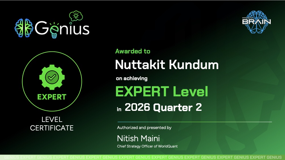 WorldQuant BRAIN Genius Program level certificate — Expert Level, 2026 Quarter 2, awarded to Nuttakit Kundum