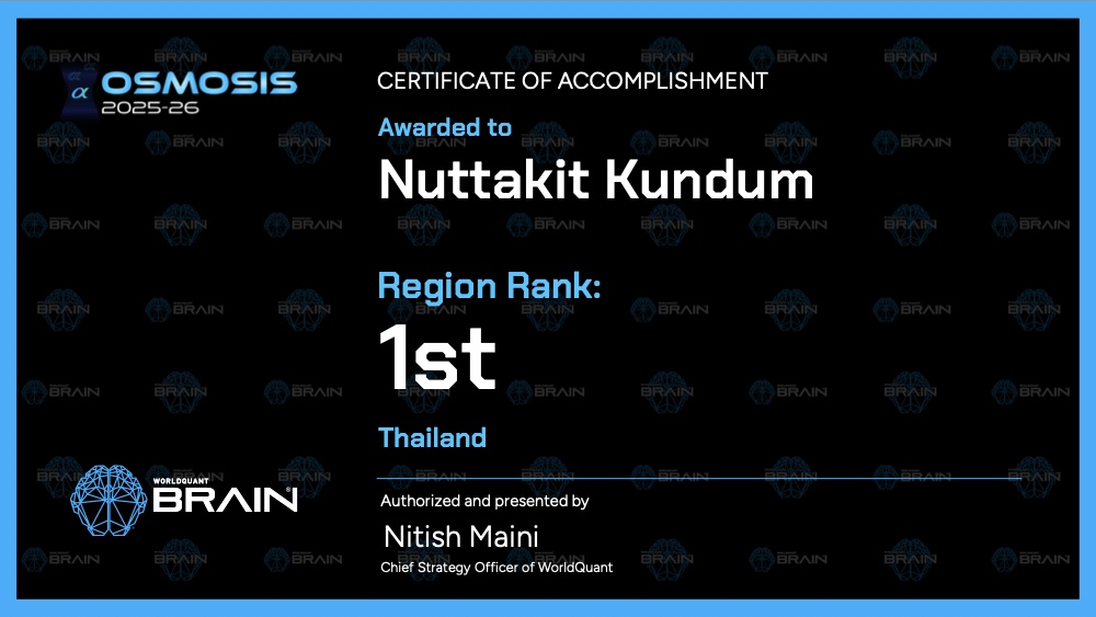 WorldQuant BRAIN Alpha OSMOSIS 2025-26 certificate of accomplishment — Region Rank 1st, Thailand, awarded to Nuttakit Kundum